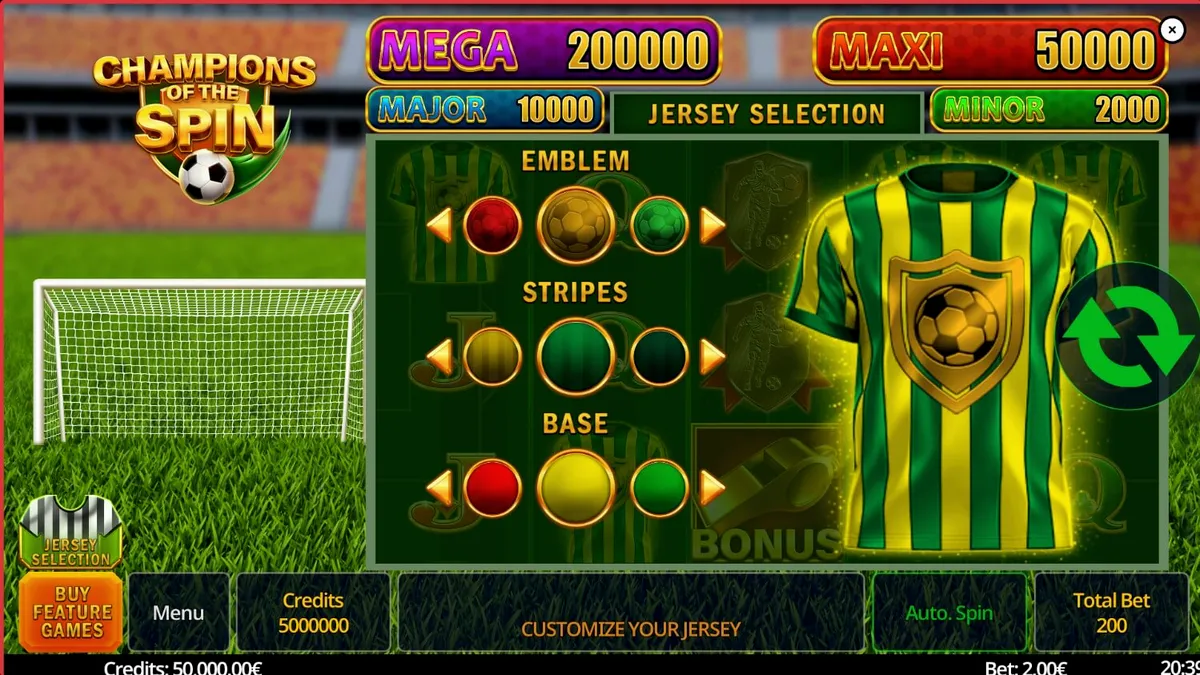 Interface do jogo de slot Champion of The Spin com tema de futebol