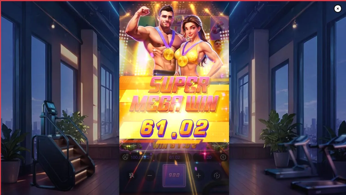 Interface do slot Mighty Mania com tema de academia e luzes neon