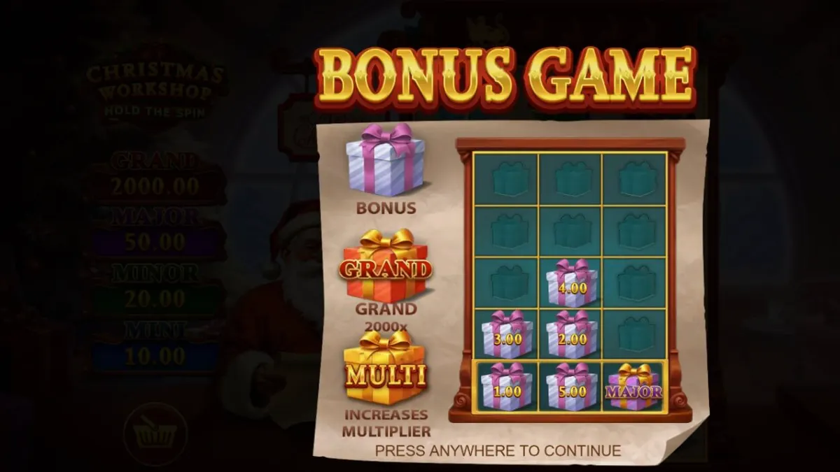 Interface festiva do slot Christmas Workshop: Hold The Spin com elementos de Natal