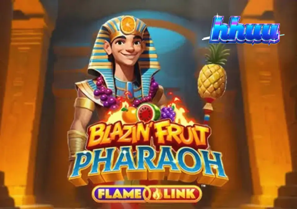 Painel de jogo do slot Blazin’ Fruit Pharaoh FlameLink com símbolos de frutas e elementos egípcios.