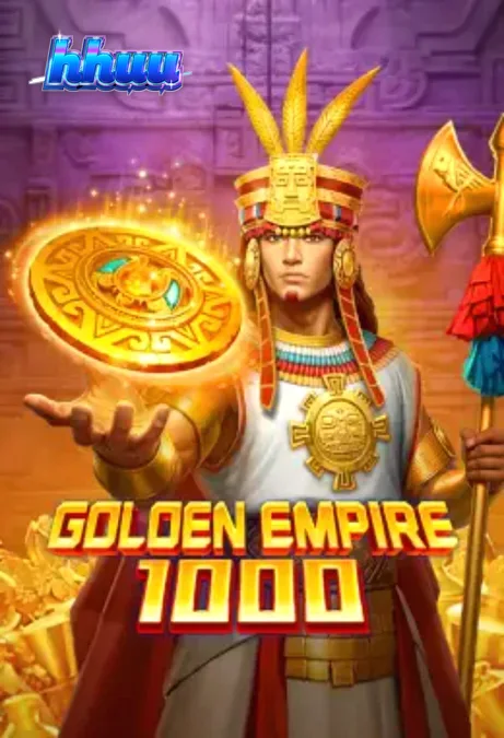 Visual detalhado de pirâmides e artefatos dourados em Golden Empire 1000